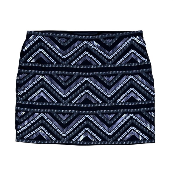 Express Lined Mini Skirt Women's S Black Sequin Chevron Stretch Waist Bodycon - Picture 2 of 7